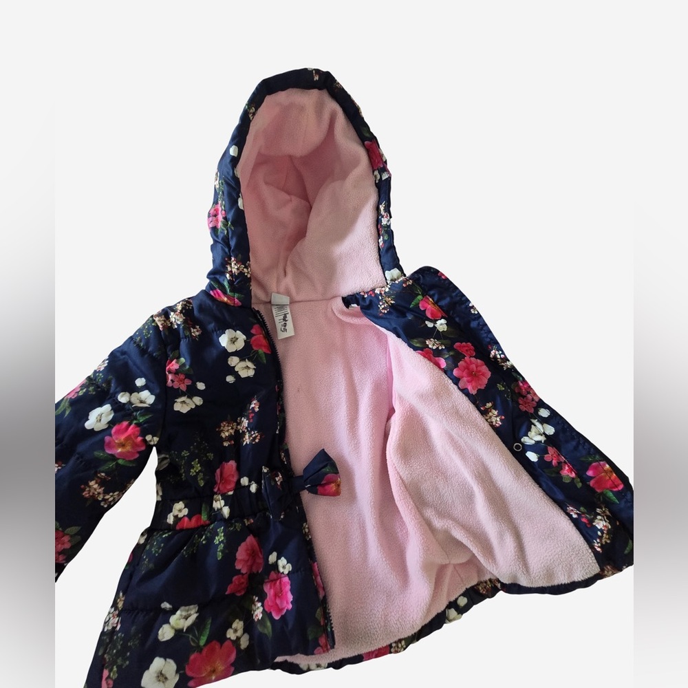 Little Me 2T Navy Floral Puffer Coat Pink Fleece Lined Hooded Jacket 2T Girl - Picture 5 of 10